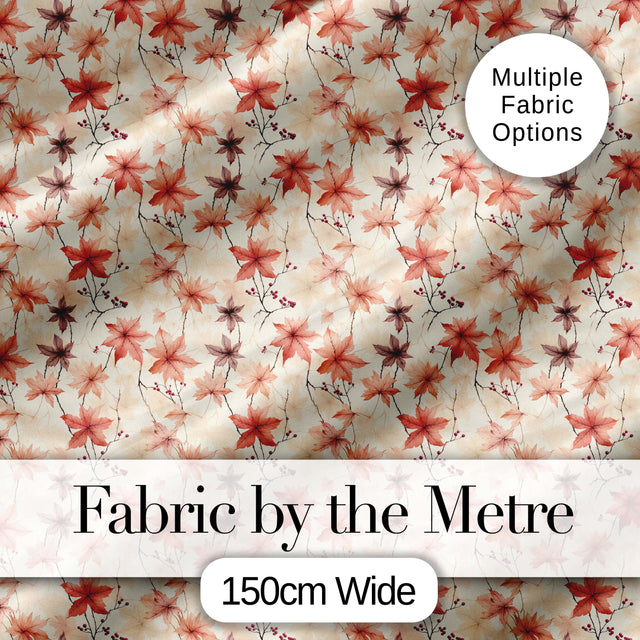 Delicate Coral Maple Leaves with Berry Branches on Cream Background Digital Print Fabric by the Metre UK Sewing Quilting Textile