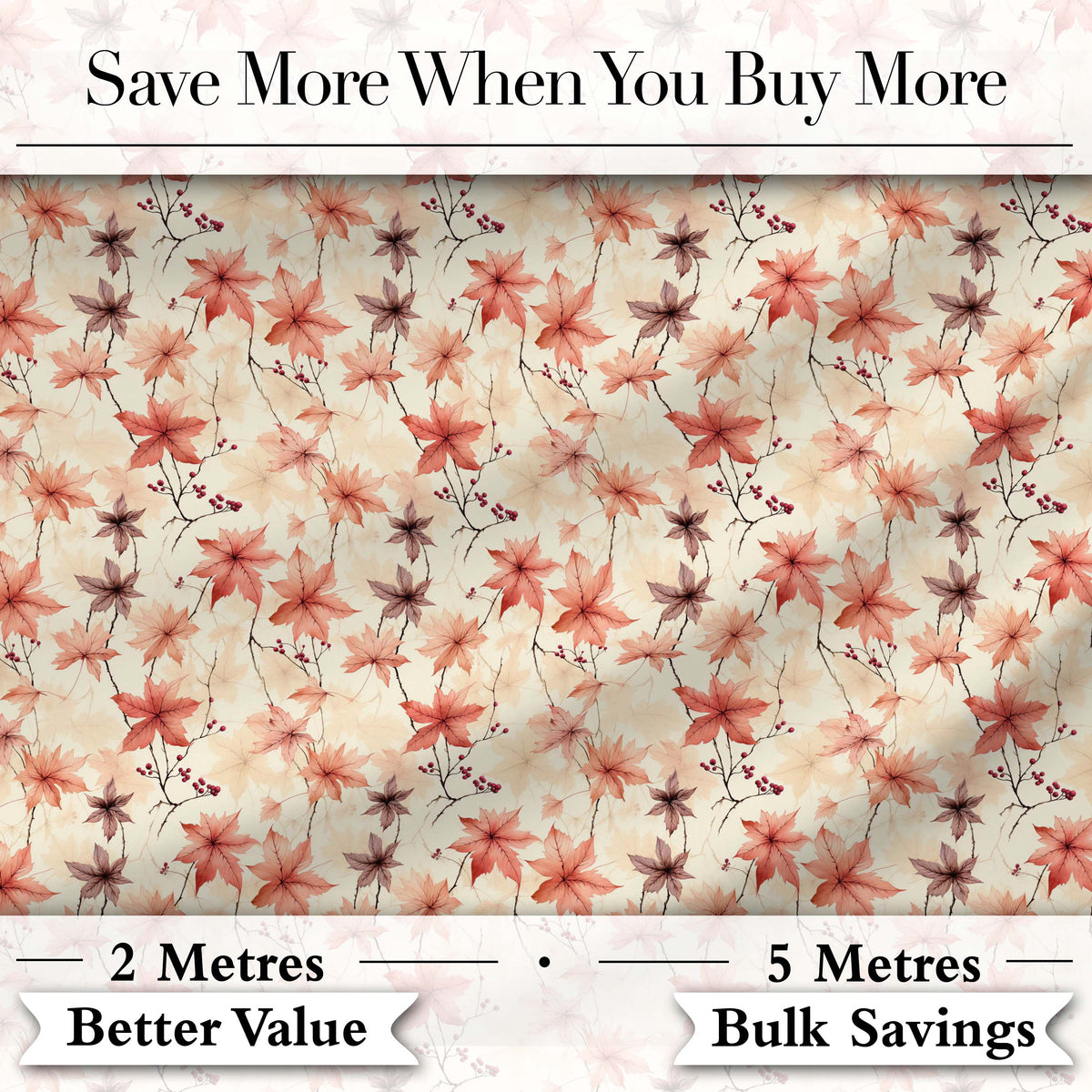 Delicate Coral Maple Leaves with Berry Branches on Cream Background Digital Print Fabric by the Metre UK Sewing Quilting Textile