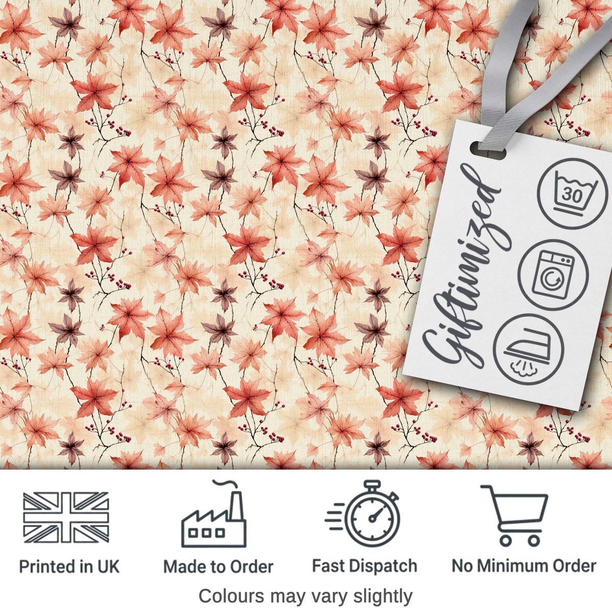 Delicate Coral Maple Leaves with Berry Branches on Cream Background Digital Print Fabric by the Metre UK Sewing Quilting Textile