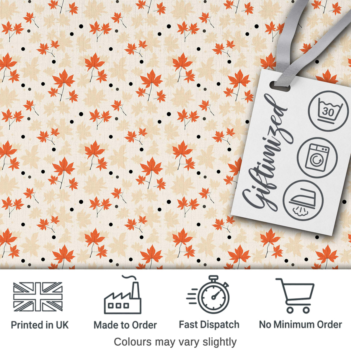 Minimal Orange Maple Leaves with Scattered Black Dots on Neutral Background Digital Print Fabric by the Metre UK Sewing Quilting Textile