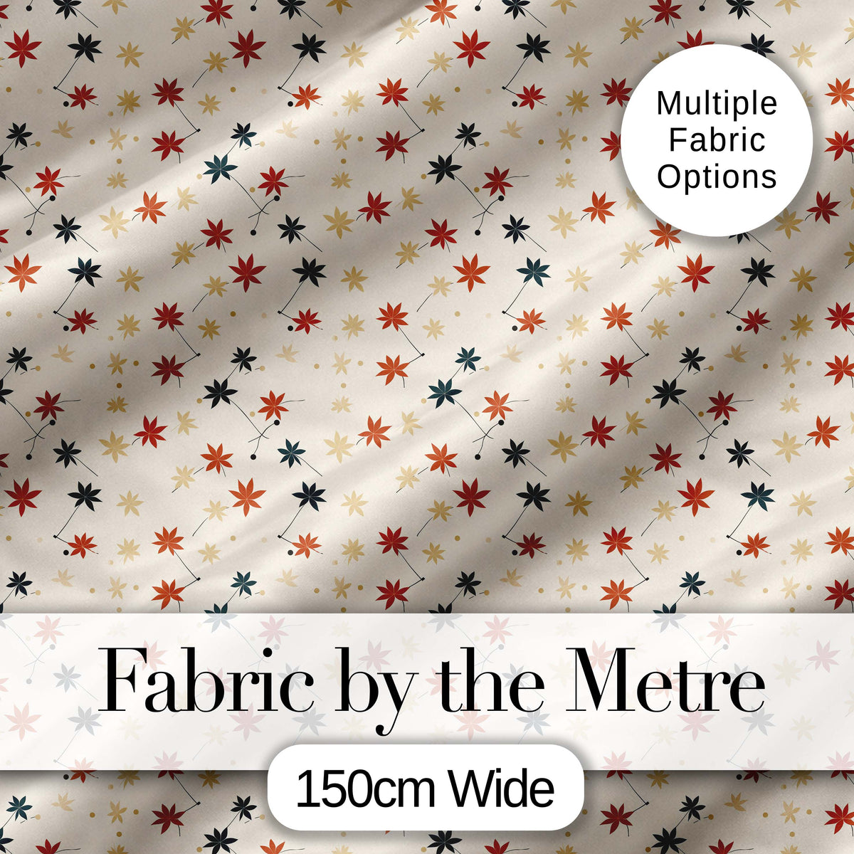 Small Stylised Autumn Leaves in Red and Dark Teal on Beige Background Digital Print Fabric by the Metre UK Sewing Quilting Textile