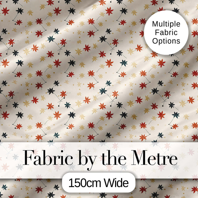 Small Stylised Autumn Leaves in Red and Dark Teal on Beige Background Digital Print Fabric by the Metre UK Sewing Quilting Textile