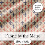 Vintage French Fleur de Lis  in Red and Blue on Distressed Beige Background Digital Print Fabric by the Metre UK Sewing Quilting Textile
