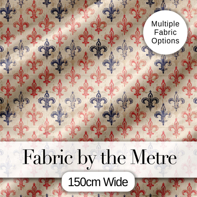 Vintage French Fleur de Lis  in Red and Blue on Distressed Beige Background Digital Print Fabric by the Metre UK Sewing Quilting Textile