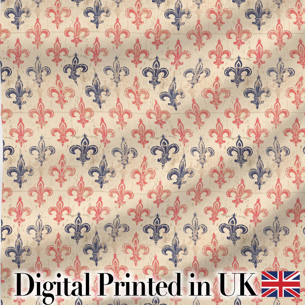 Vintage French Fleur de Lis  in Red and Blue on Distressed Beige Background Digital Print Fabric by the Metre UK Sewing Quilting Textile