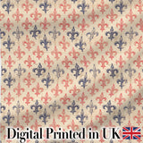 Vintage French Fleur de Lis  in Red and Blue on Distressed Beige Background Digital Print Fabric by the Metre UK Sewing Quilting Textile