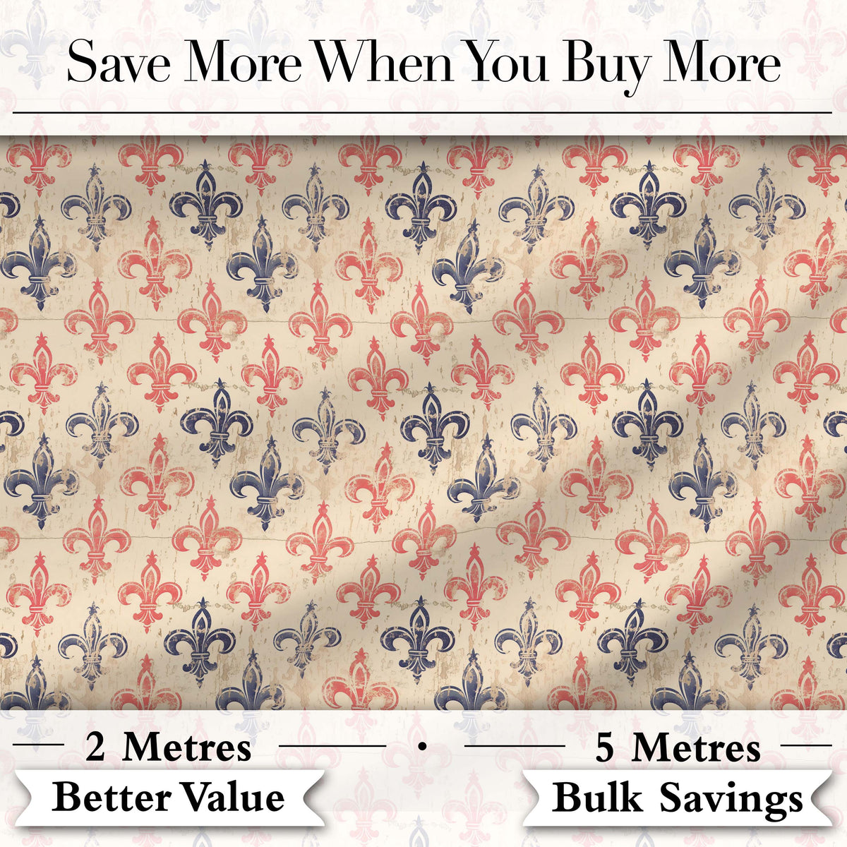 Vintage French Fleur de Lis  in Red and Blue on Distressed Beige Background Digital Print Fabric by the Metre UK Sewing Quilting Textile