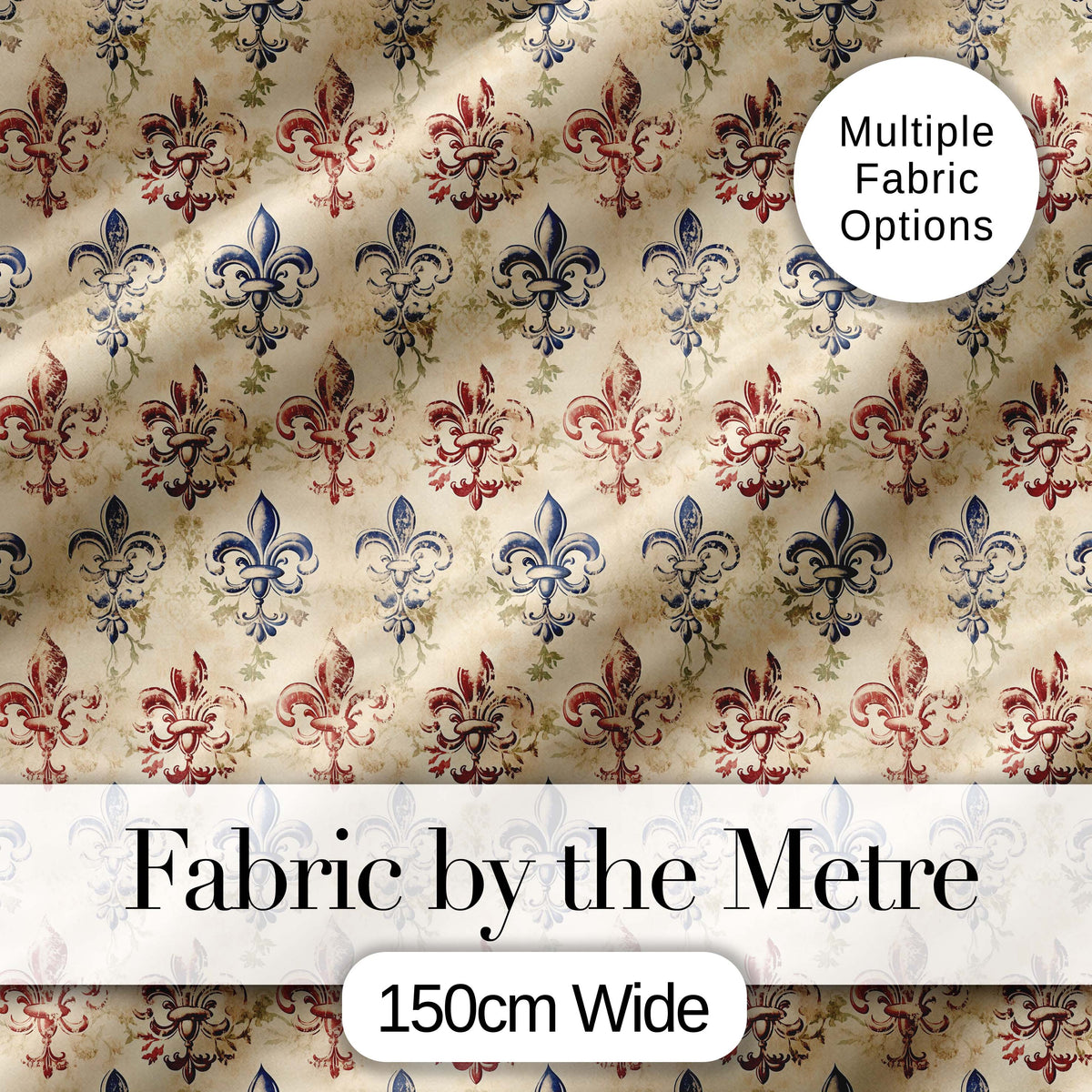 Distressed Red and Blue Fleur de Lis Vintage Pattern on Aged Cream Background Digital Print Fabric by the Metre UK Sewing Quilting Textile