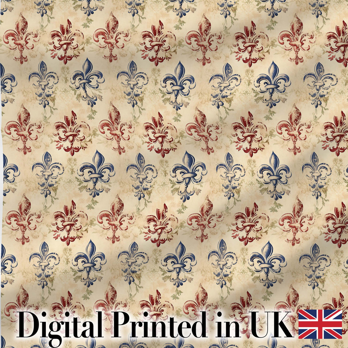 Distressed Red and Blue Fleur de Lis Vintage Pattern on Aged Cream Background Digital Print Fabric by the Metre UK Sewing Quilting Textile