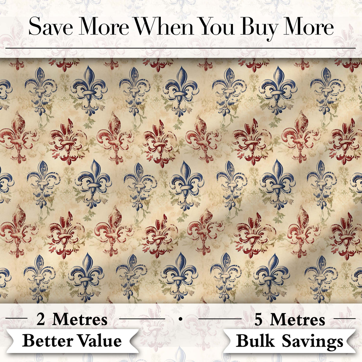 Distressed Red and Blue Fleur de Lis Vintage Pattern on Aged Cream Background Digital Print Fabric by the Metre UK Sewing Quilting Textile