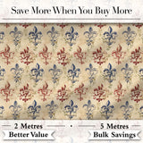Distressed Red and Blue Fleur de Lis Vintage Pattern on Aged Cream Background Digital Print Fabric by the Metre UK Sewing Quilting Textile