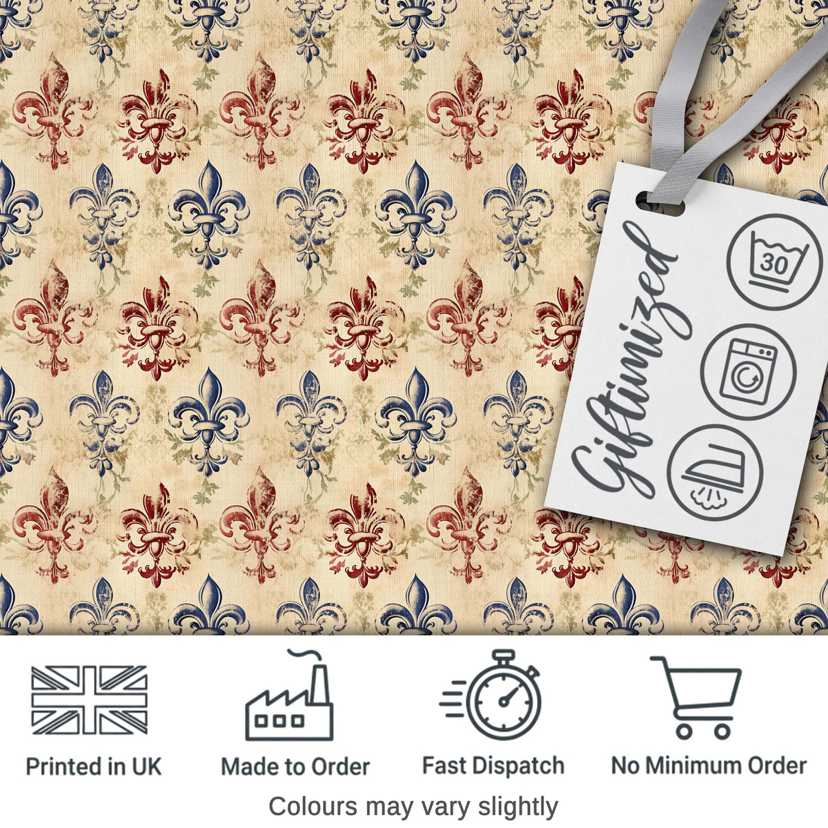 Distressed Red and Blue Fleur de Lis Vintage Pattern on Aged Cream Background Digital Print Fabric by the Metre UK Sewing Quilting Textile