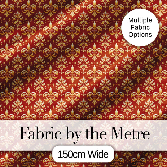 Elegant Gold Fleur de Lis Damask Pattern on Rich Red Background Digital Print Fabric by the Metre UK Sewing Quilting Textile
