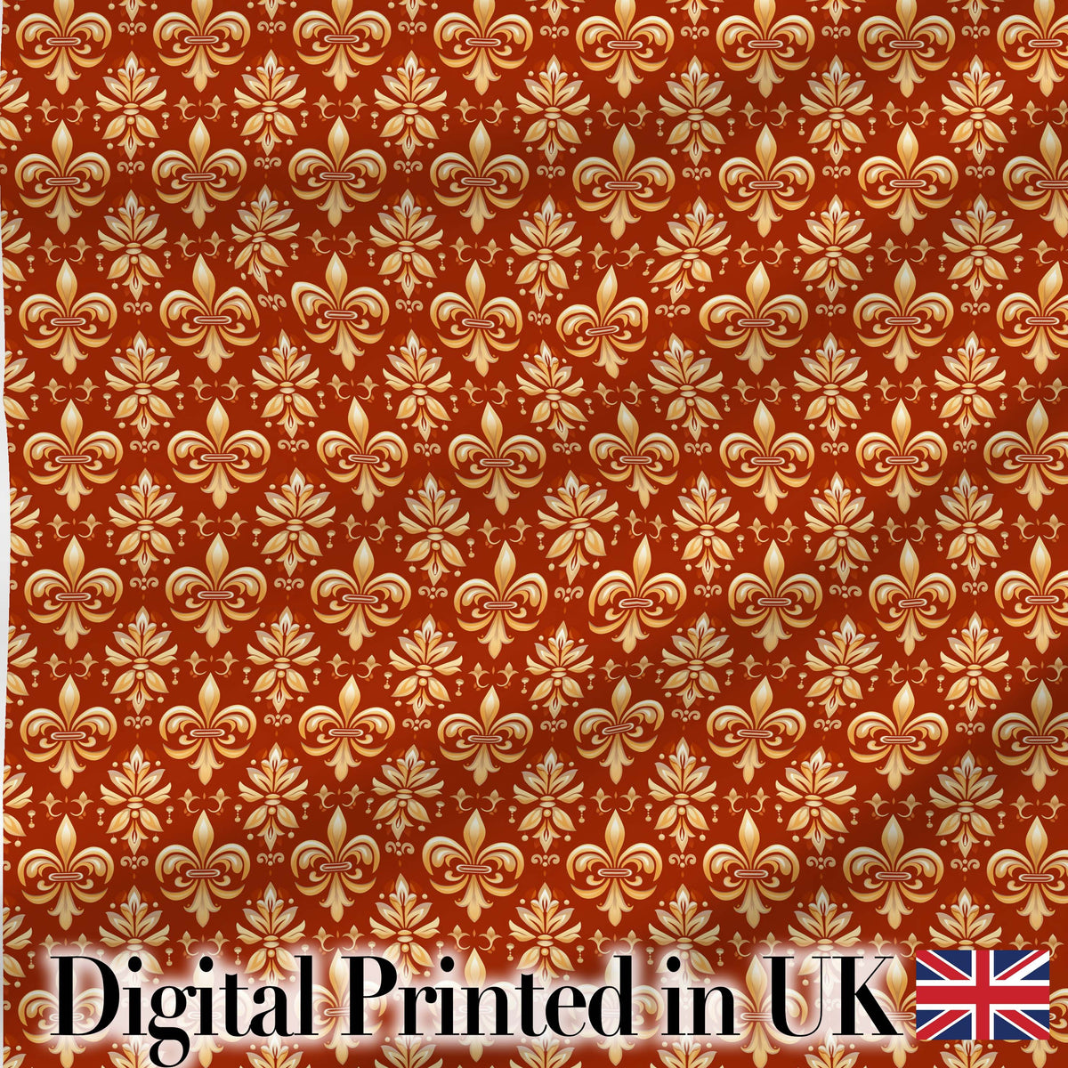 Elegant Gold Fleur de Lis Damask Pattern on Rich Red Background Digital Print Fabric by the Metre UK Sewing Quilting Textile