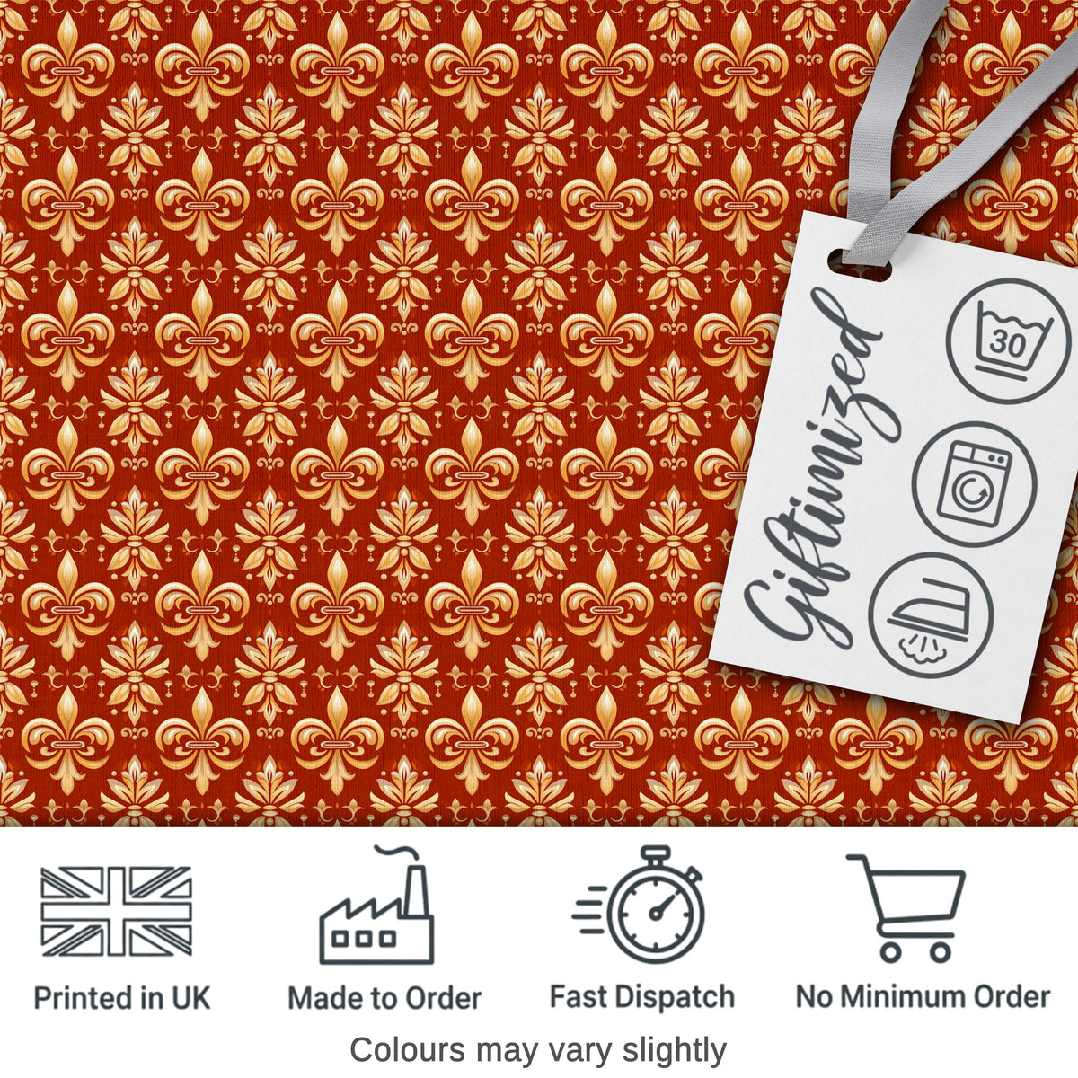 Elegant Gold Fleur de Lis Damask Pattern on Rich Red Background Digital Print Fabric by the Metre UK Sewing Quilting Textile