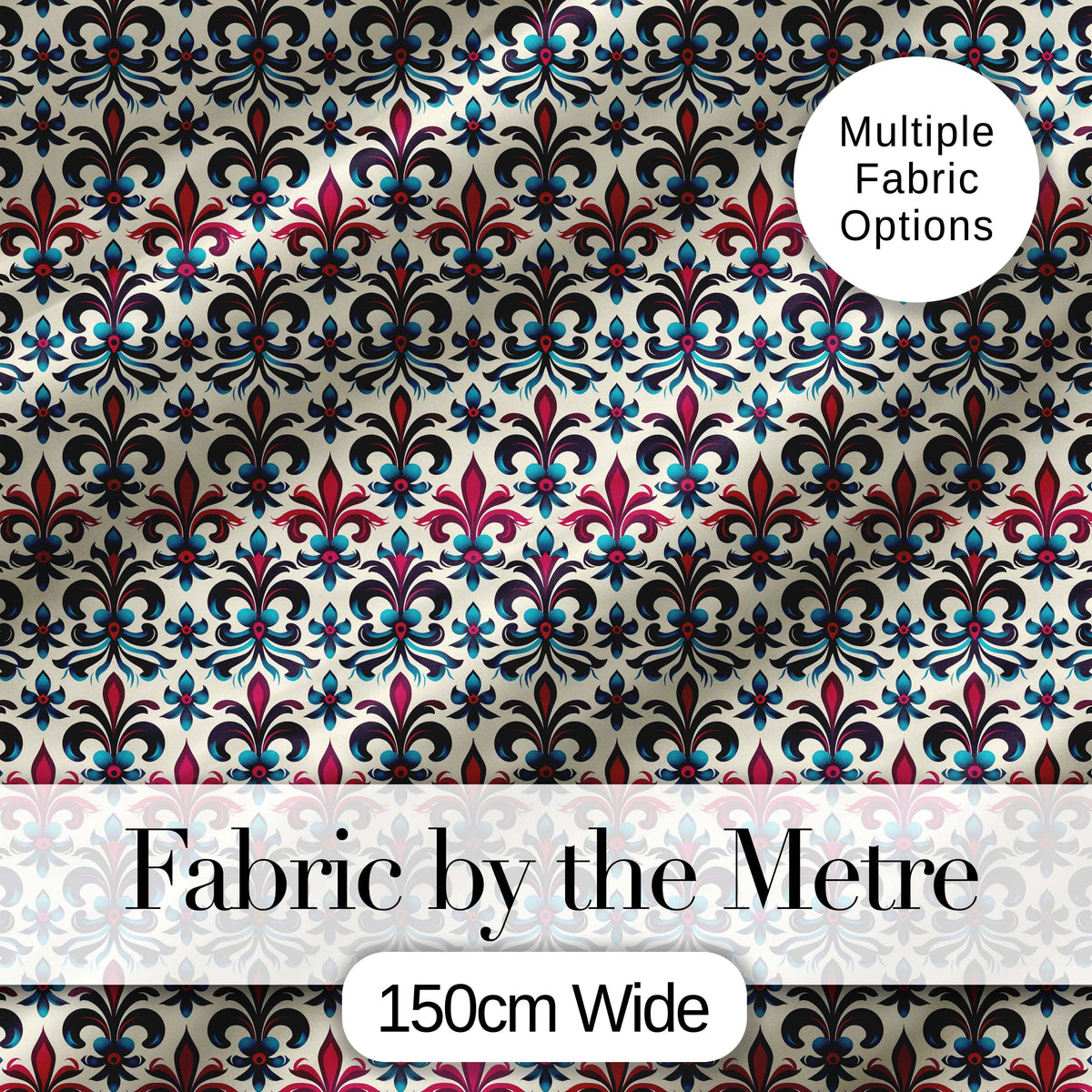 Bold Teal and Magenta Ornate Fleur de Lis Floral Pattern on Light Background Digital Print Fabric by the Metre UK Sewing Quilting Textile