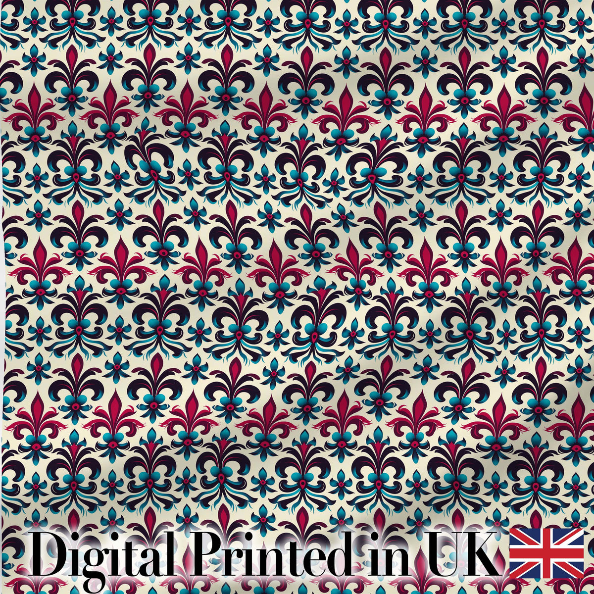 Bold Teal and Magenta Ornate Fleur de Lis Floral Pattern on Light Background Digital Print Fabric by the Metre UK Sewing Quilting Textile