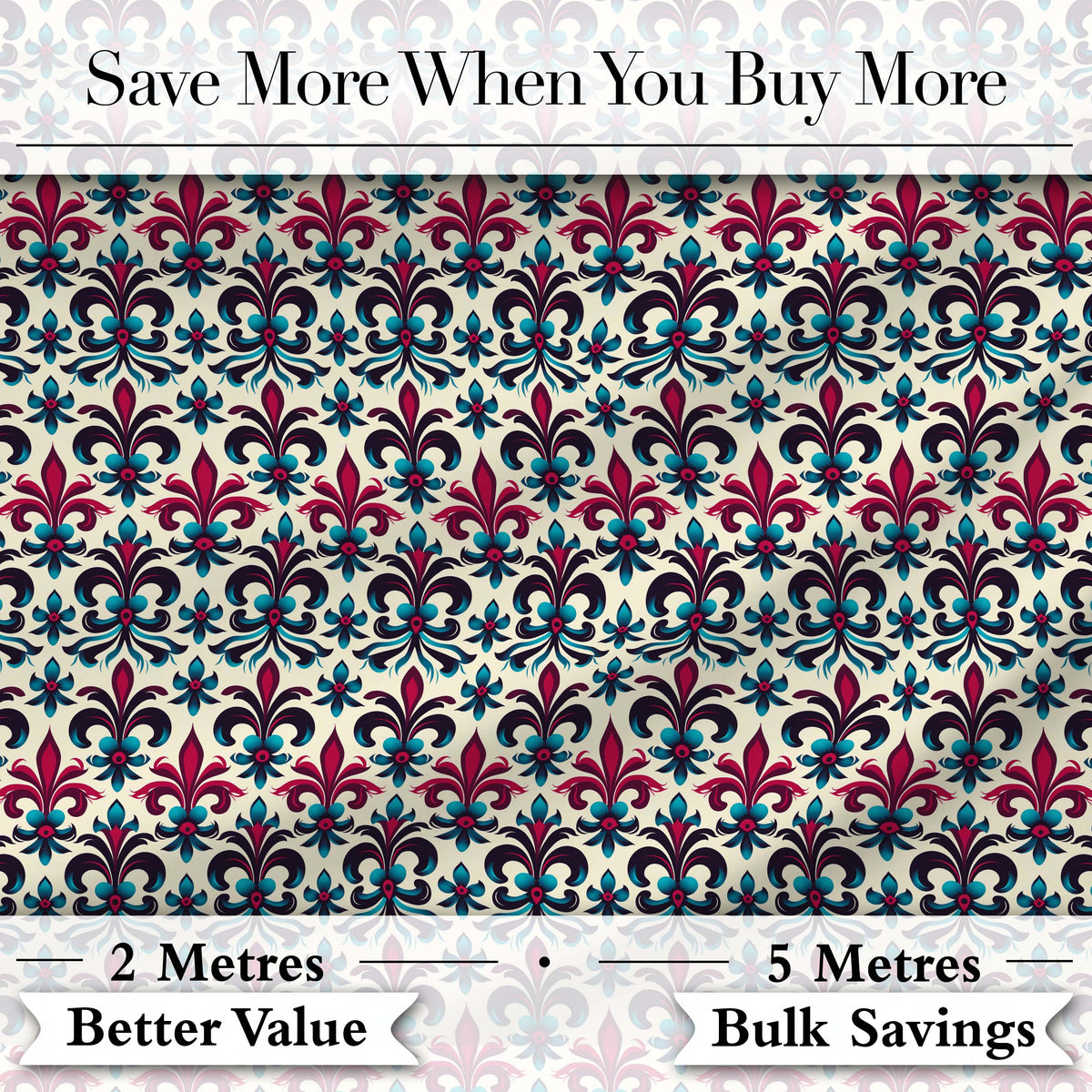 Bold Teal and Magenta Ornate Fleur de Lis Floral Pattern on Light Background Digital Print Fabric by the Metre UK Sewing Quilting Textile