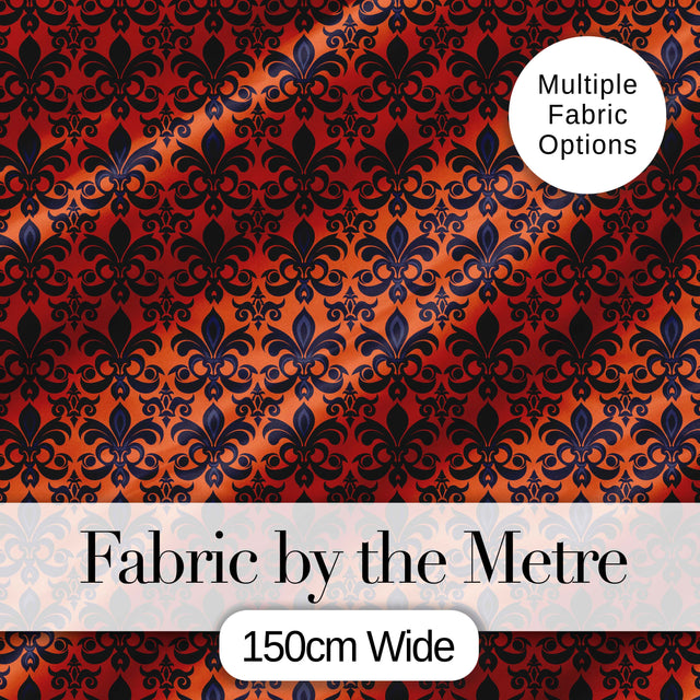 Dark Navy and Orange Floral Fleur de Lis Damask Pattern Digital Print Fabric by the Metre UK Sewing Quilting Textile