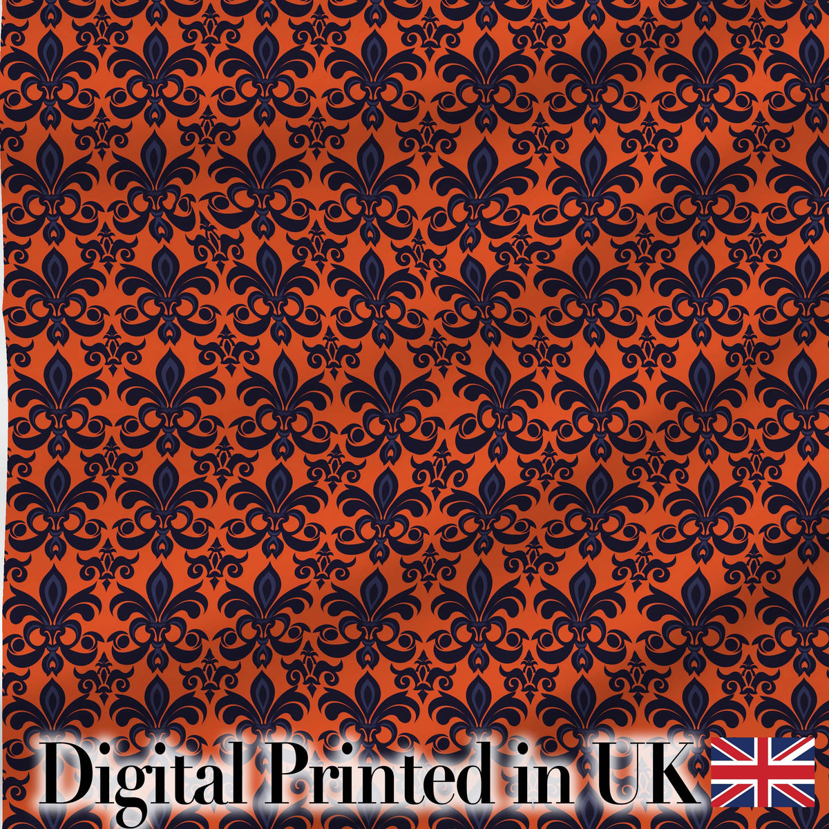 Dark Navy and Orange Floral Fleur de Lis Damask Pattern Digital Print Fabric by the Metre UK Sewing Quilting Textile
