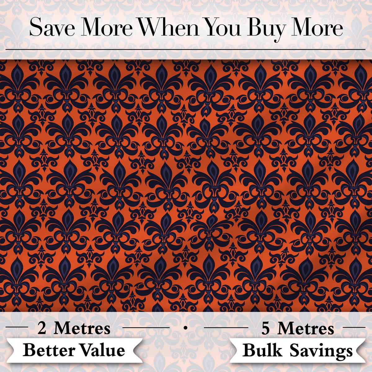 Dark Navy and Orange Floral Fleur de Lis Damask Pattern Digital Print Fabric by the Metre UK Sewing Quilting Textile