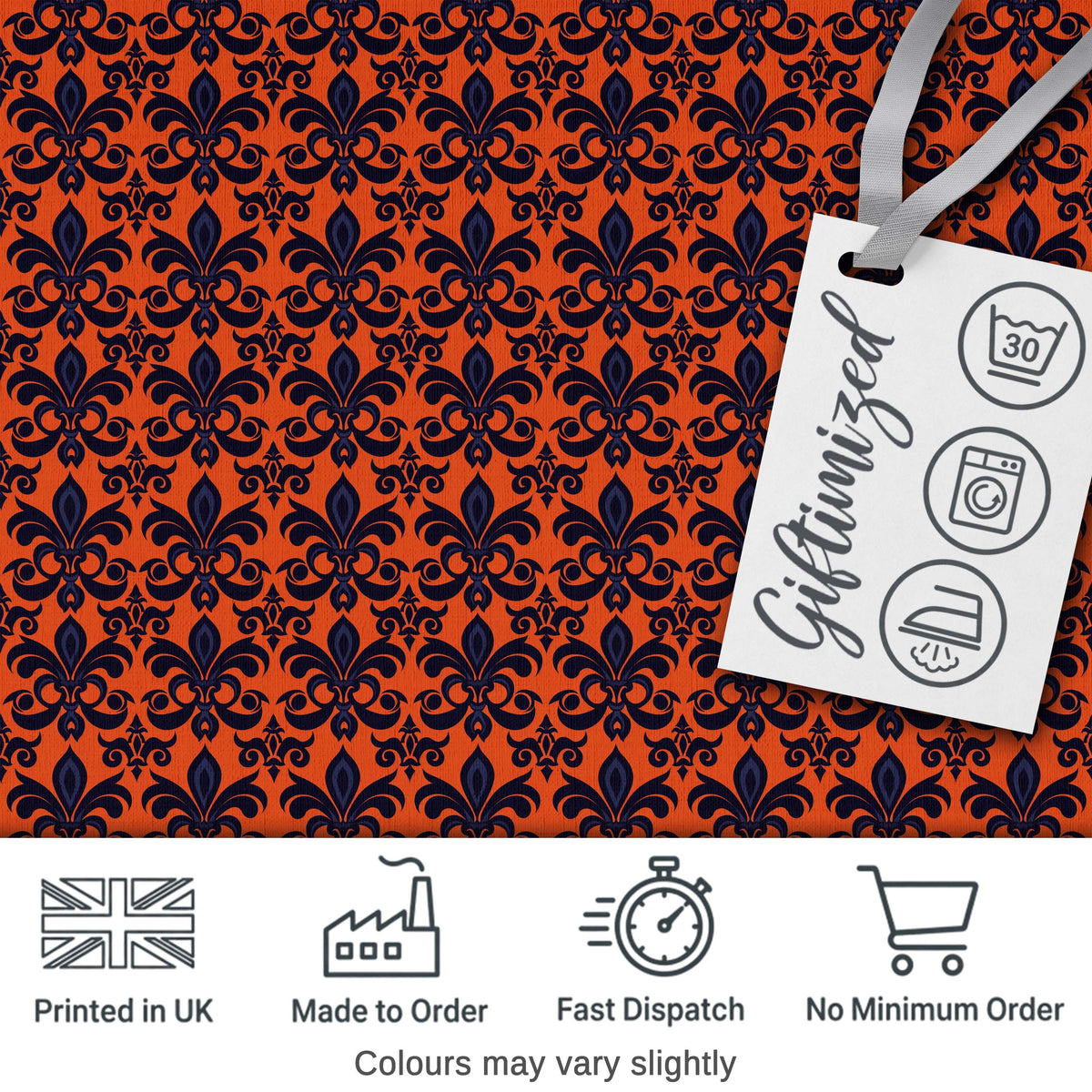 Dark Navy and Orange Floral Fleur de Lis Damask Pattern Digital Print Fabric by the Metre UK Sewing Quilting Textile