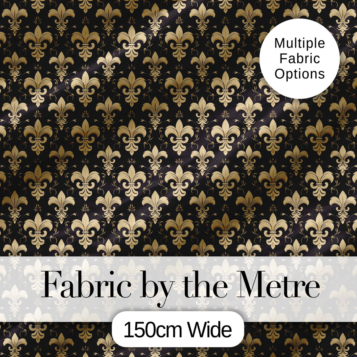 Elegant Gold Fleur de Lis Pattern on Black Background Classic Design Digital Print Fabric by the Metre UK Sewing Quilting Textile