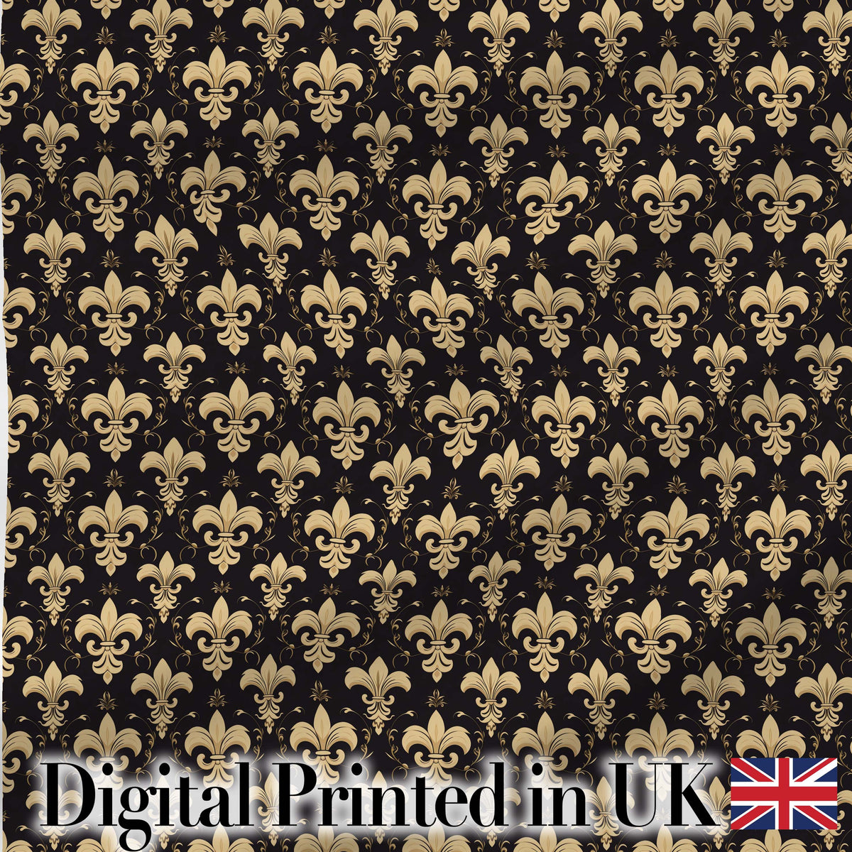 Elegant Gold Fleur de Lis Pattern on Black Background Classic Design Digital Print Fabric by the Metre UK Sewing Quilting Textile