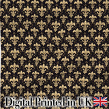 Elegant Gold Fleur de Lis Pattern on Black Background Classic Design Digital Print Fabric by the Metre UK Sewing Quilting Textile