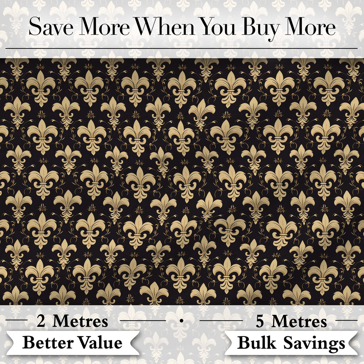Elegant Gold Fleur de Lis Pattern on Black Background Classic Design Digital Print Fabric by the Metre UK Sewing Quilting Textile