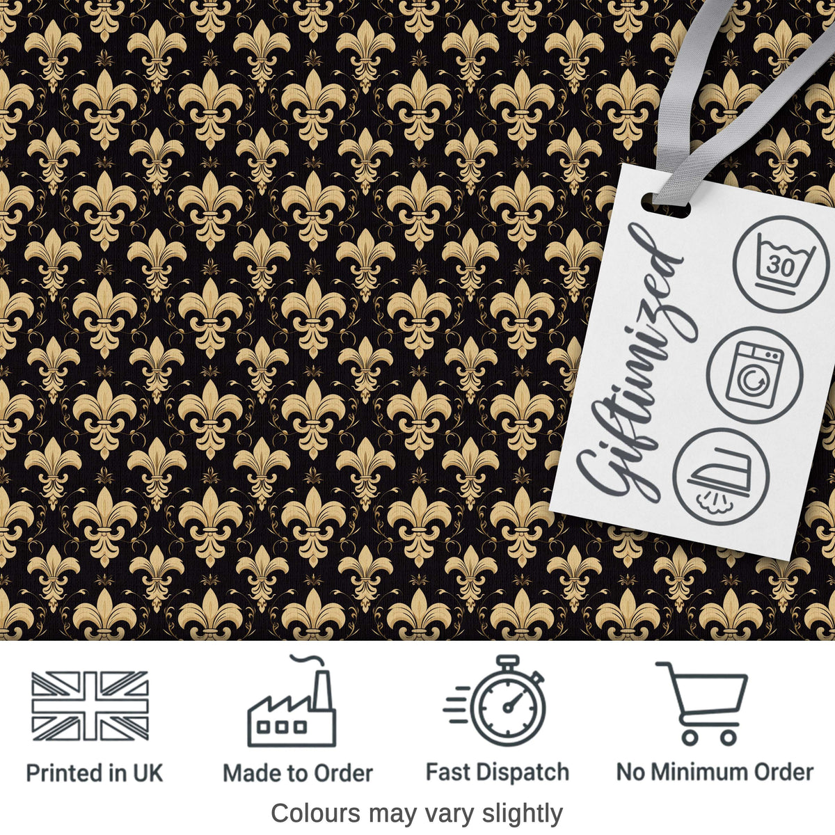 Elegant Gold Fleur de Lis Pattern on Black Background Classic Design Digital Print Fabric by the Metre UK Sewing Quilting Textile