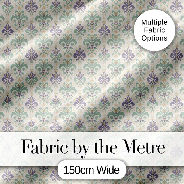 Soft Pastel Green and Lavender Fleur de Lis Ornamental Pattern Digital Print Fabric by the Metre UK Sewing Quilting Textile