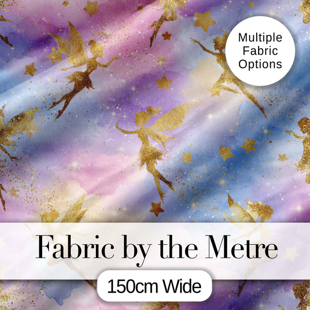 Magical Gold Fairy Silhouettes with Stars on Watercolor Sky Background Digital Print Fabric by the Metre UK Sewing Quilting Textile