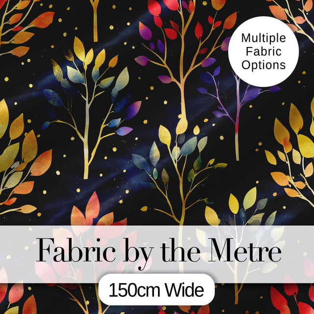 Colorful Gradient Leaves and Branches on Dark Night Background Digital Print Fabric by the Metre UK Sewing Quilting Textile