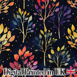 Colorful Gradient Leaves and Branches on Dark Night Background Digital Print Fabric by the Metre UK Sewing Quilting Textile