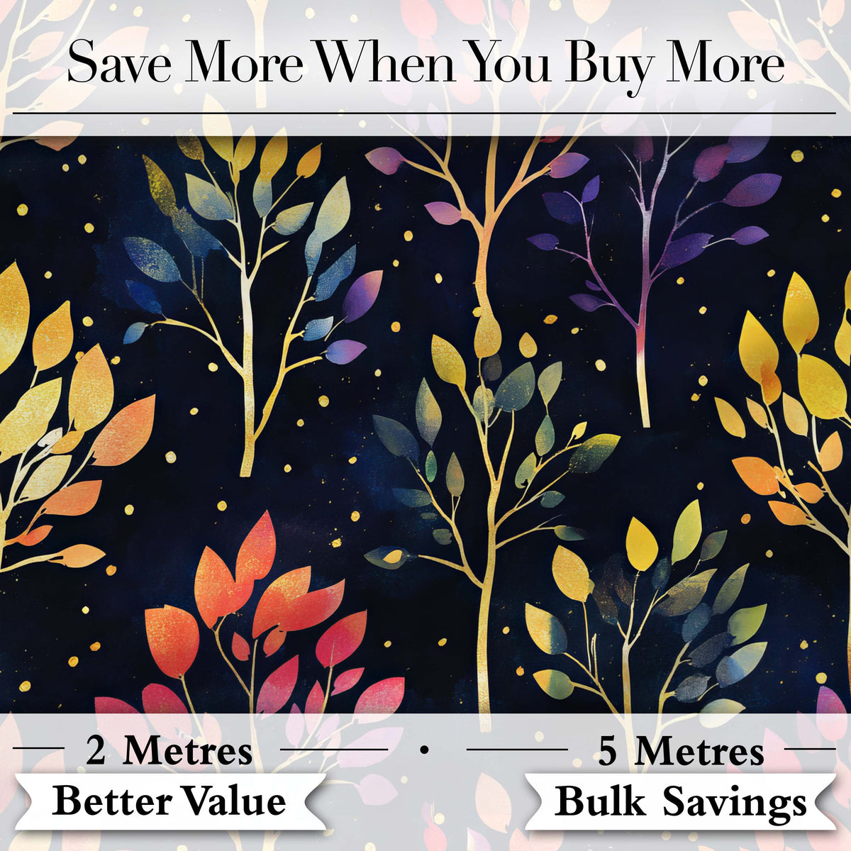 Colorful Gradient Leaves and Branches on Dark Night Background Digital Print Fabric by the Metre UK Sewing Quilting Textile