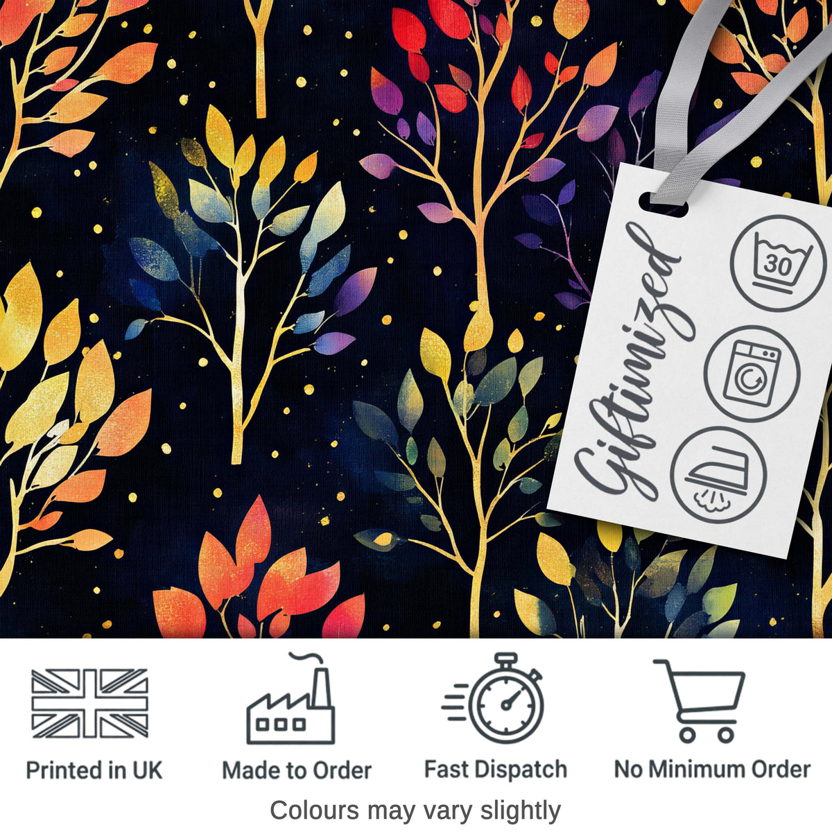 Colorful Gradient Leaves and Branches on Dark Night Background Digital Print Fabric by the Metre UK Sewing Quilting Textile