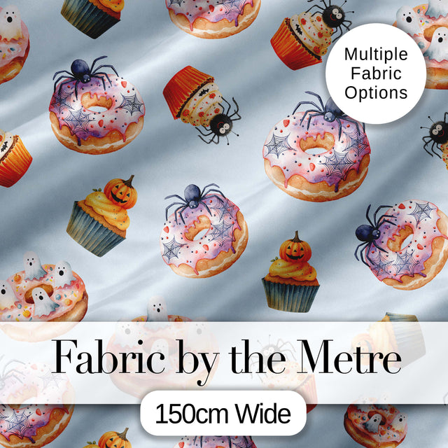 Halloween Donuts Cupcakes and Spiders Seamless Pattern on Blue Background Digital Print Fabric by the Metre UK Sewing Quilting Textile