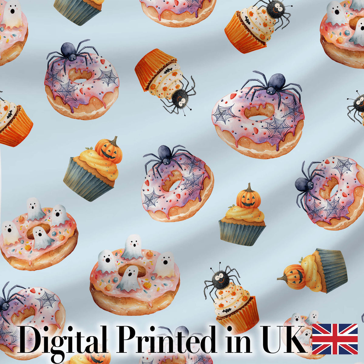 Halloween Donuts Cupcakes and Spiders Seamless Pattern on Blue Background Digital Print Fabric by the Metre UK Sewing Quilting Textile