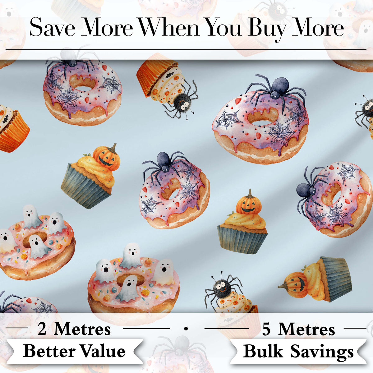 Halloween Donuts Cupcakes and Spiders Seamless Pattern on Blue Background Digital Print Fabric by the Metre UK Sewing Quilting Textile