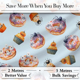 Halloween Donuts Cupcakes and Spiders Seamless Pattern on Blue Background Digital Print Fabric by the Metre UK Sewing Quilting Textile