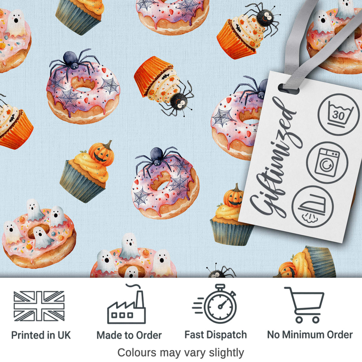 Halloween Donuts Cupcakes and Spiders Seamless Pattern on Blue Background Digital Print Fabric by the Metre UK Sewing Quilting Textile