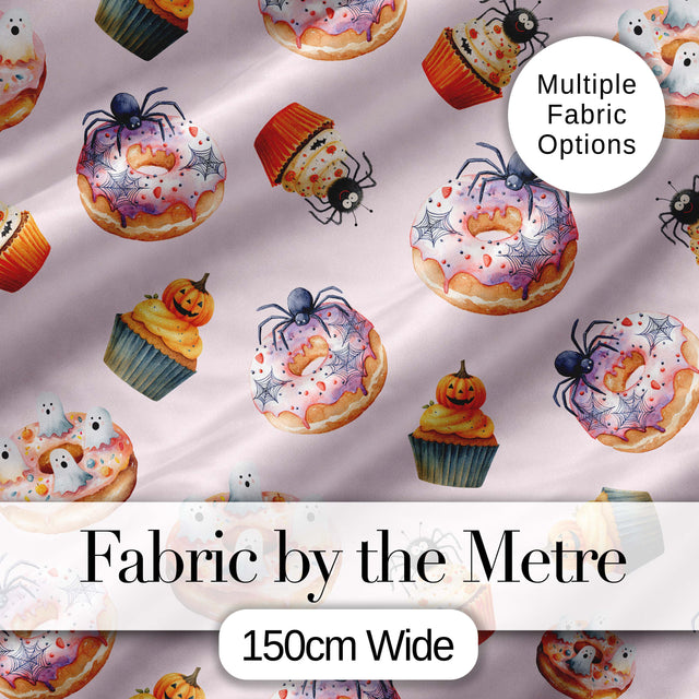 Halloween Donuts Cupcakes and Spiders Seamless Pattern on Pink Background Digital Print Fabric by the Metre UK Sewing Quilting Textile