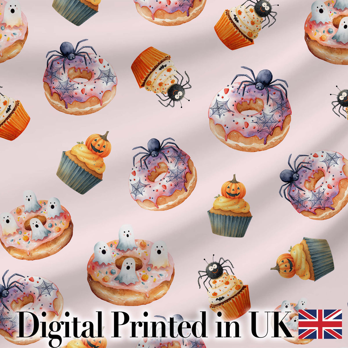 Halloween Donuts Cupcakes and Spiders Seamless Pattern on Pink Background Digital Print Fabric by the Metre UK Sewing Quilting Textile