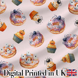 Halloween Donuts Cupcakes and Spiders Seamless Pattern on Pink Background Digital Print Fabric by the Metre UK Sewing Quilting Textile