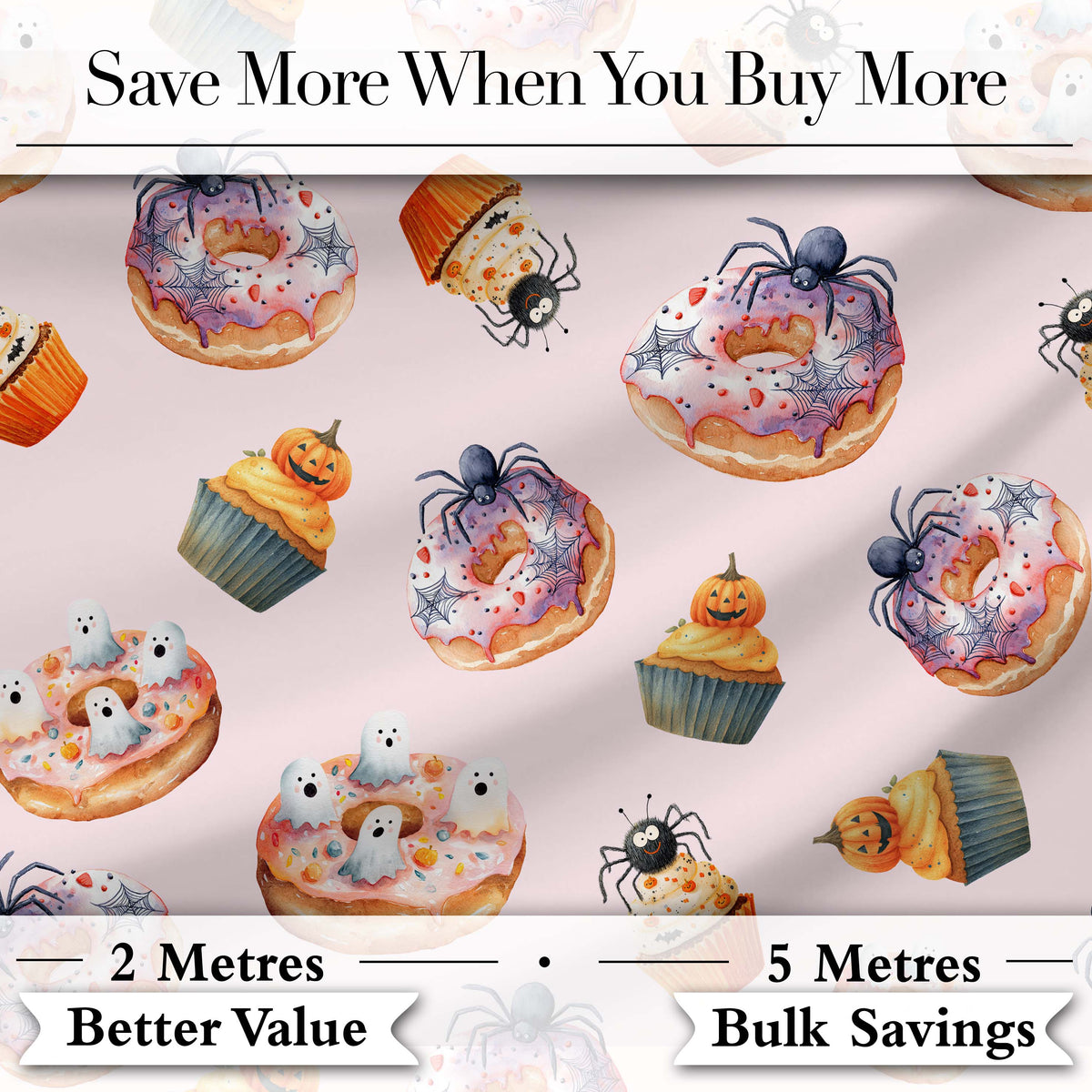 Halloween Donuts Cupcakes and Spiders Seamless Pattern on Pink Background Digital Print Fabric by the Metre UK Sewing Quilting Textile