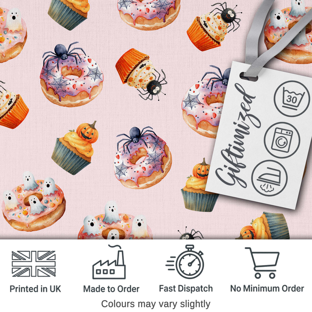 Halloween Donuts Cupcakes and Spiders Seamless Pattern on Pink Background Digital Print Fabric by the Metre UK Sewing Quilting Textile