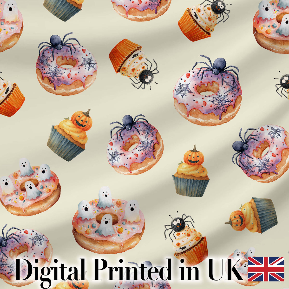 Halloween Donuts Cupcakes and Spiders Seamless  on Light Beige Background Digital Print Fabric by the Metre UK Sewing Quilting Textile
