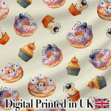 Halloween Donuts Cupcakes and Spiders Seamless  on Light Beige Background Digital Print Fabric by the Metre UK Sewing Quilting Textile