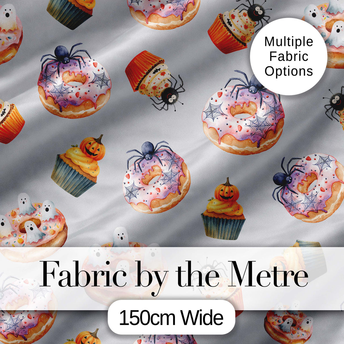 Halloween Donuts Cupcakes Spiders and Ghosts Cute   Grey Background Digital Print Fabric by the Metre UK Sewing Quilting Textile